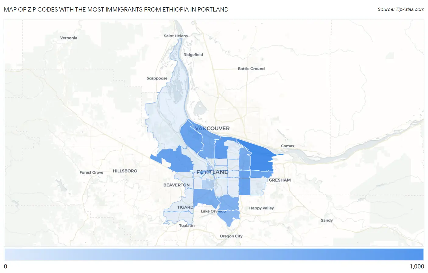 Zip Codes with the Most Immigrants from Ethiopia in Portland Map
