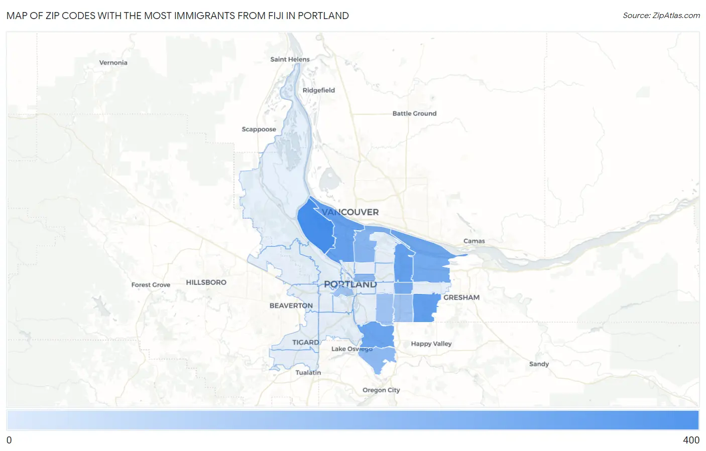 Zip Codes with the Most Immigrants from Fiji in Portland Map