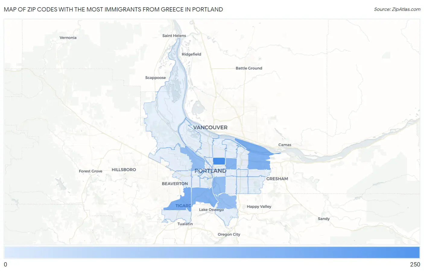 Zip Codes with the Most Immigrants from Greece in Portland Map