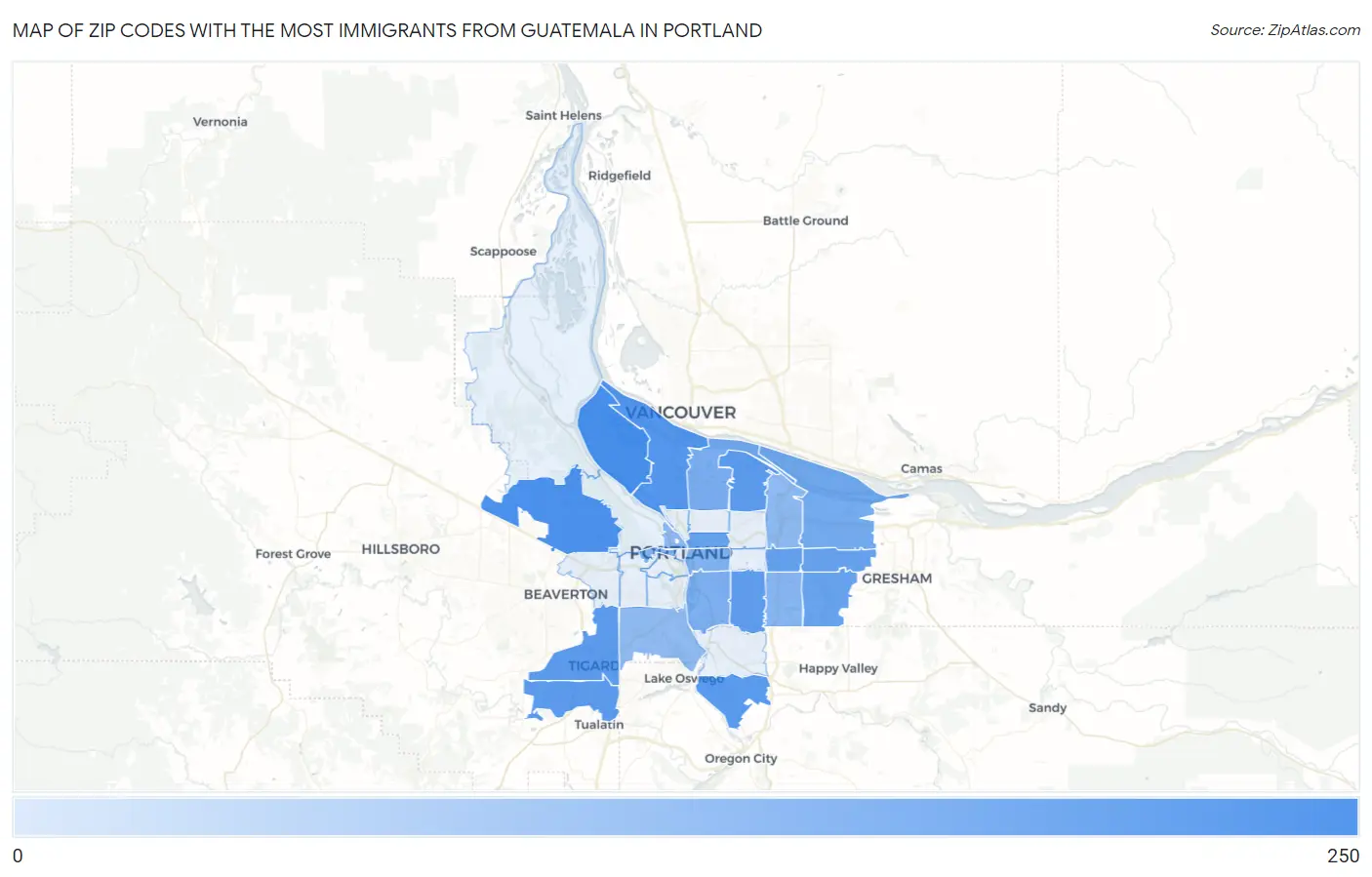 Zip Codes with the Most Immigrants from Guatemala in Portland Map