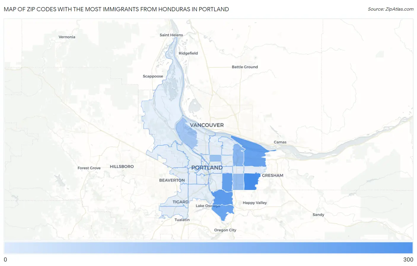 Zip Codes with the Most Immigrants from Honduras in Portland Map