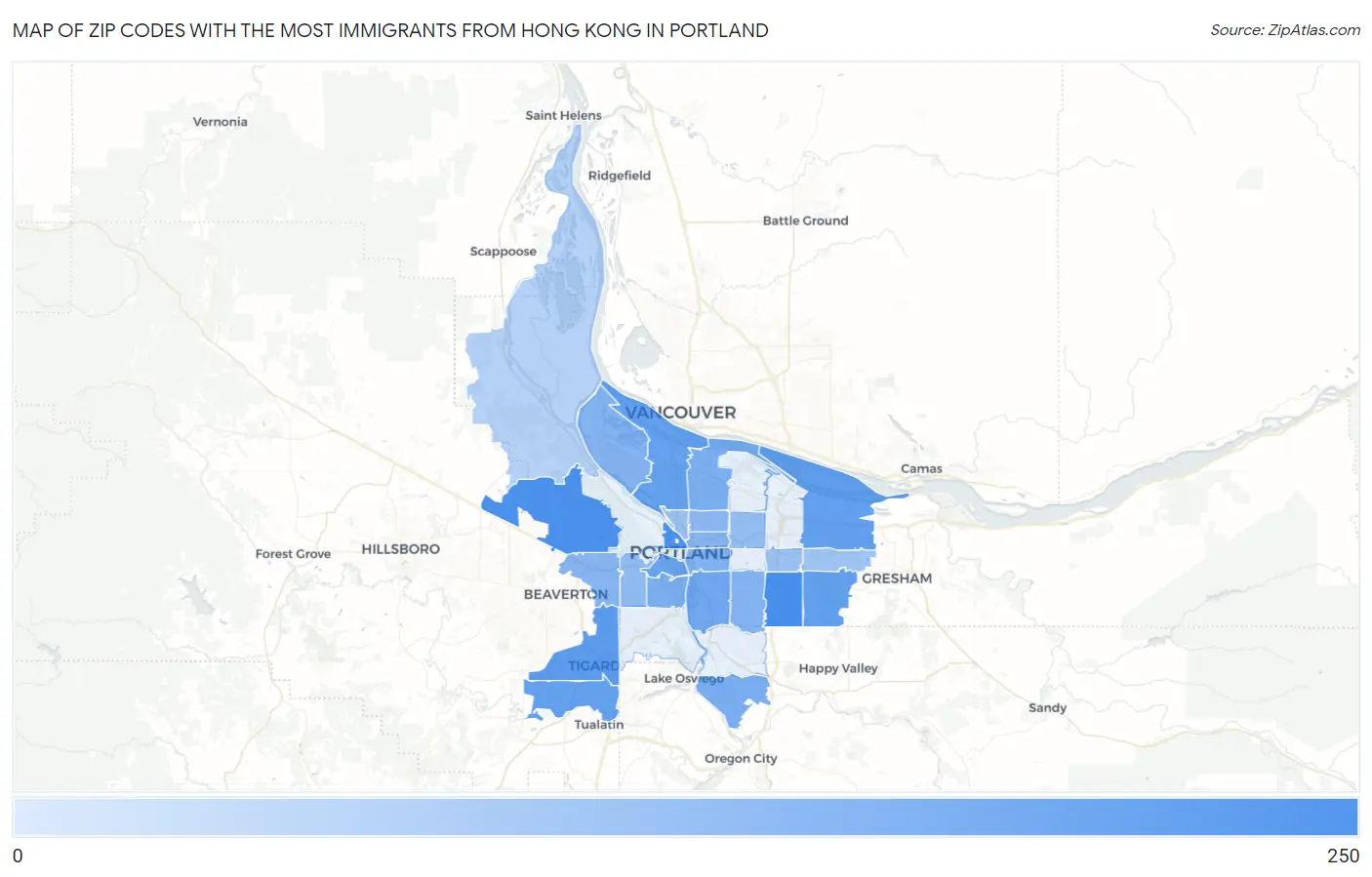 Zip Codes with the Most Immigrants from Hong Kong in Portland Map