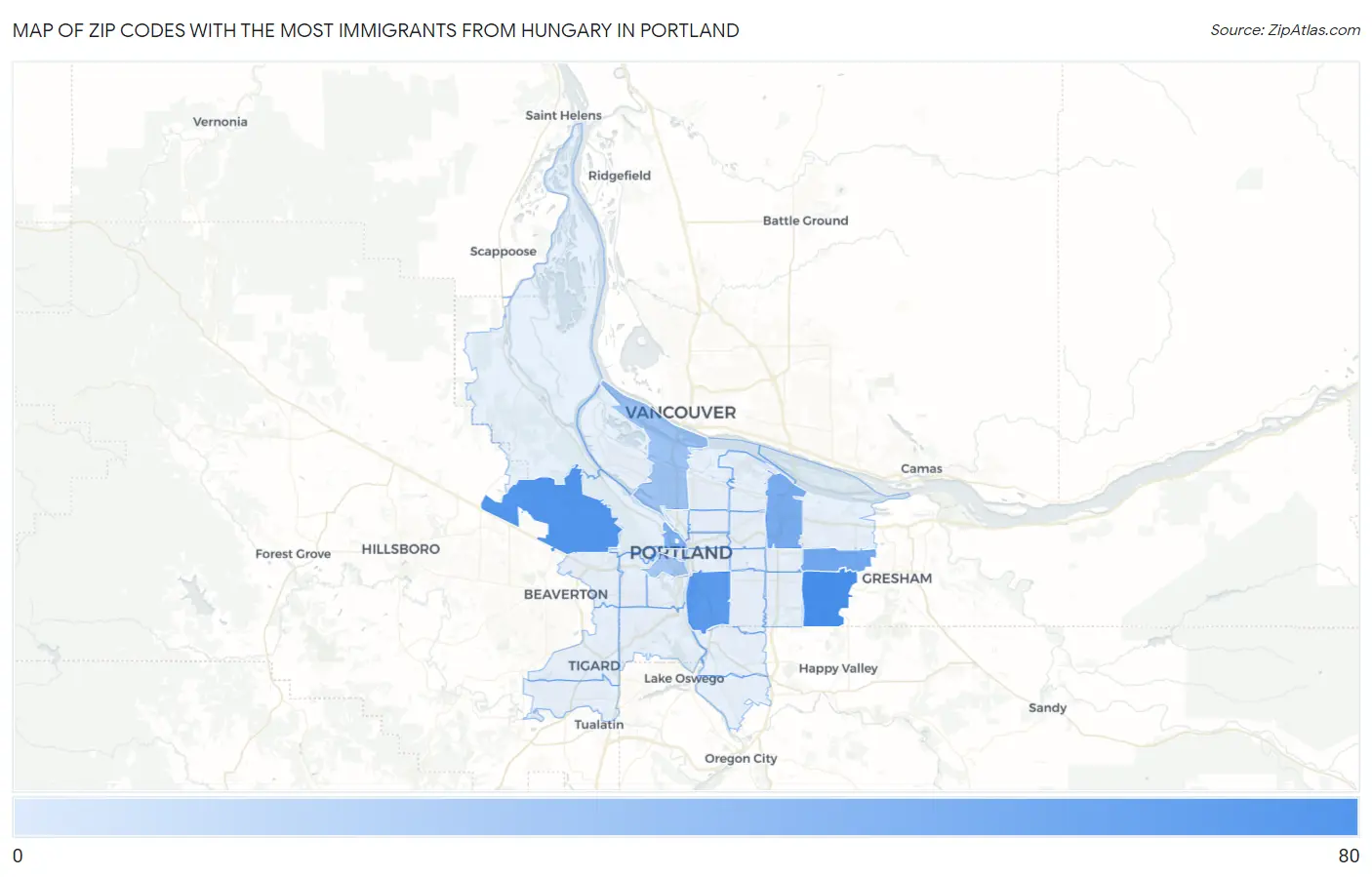 Zip Codes with the Most Immigrants from Hungary in Portland Map