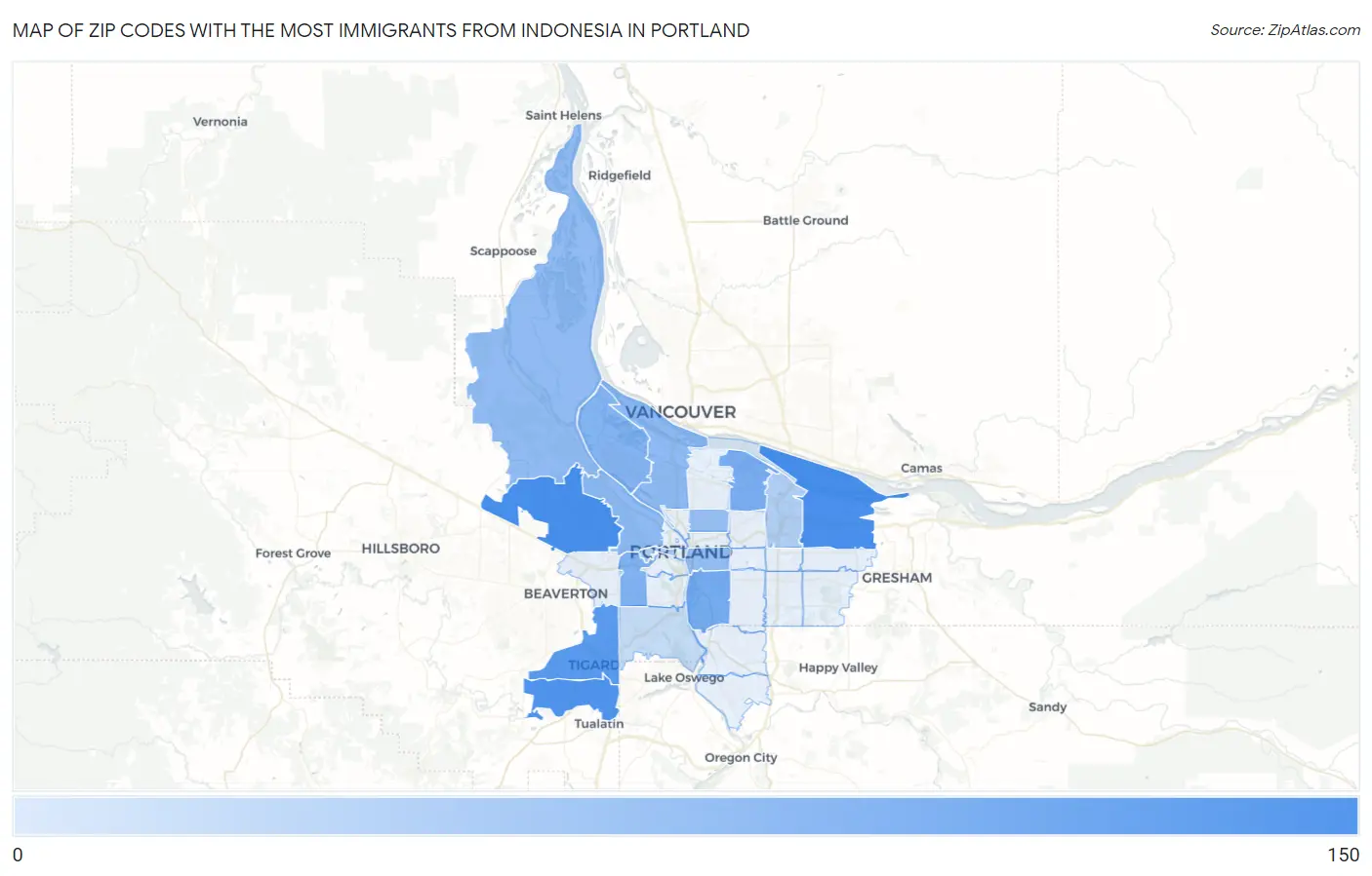 Zip Codes with the Most Immigrants from Indonesia in Portland Map