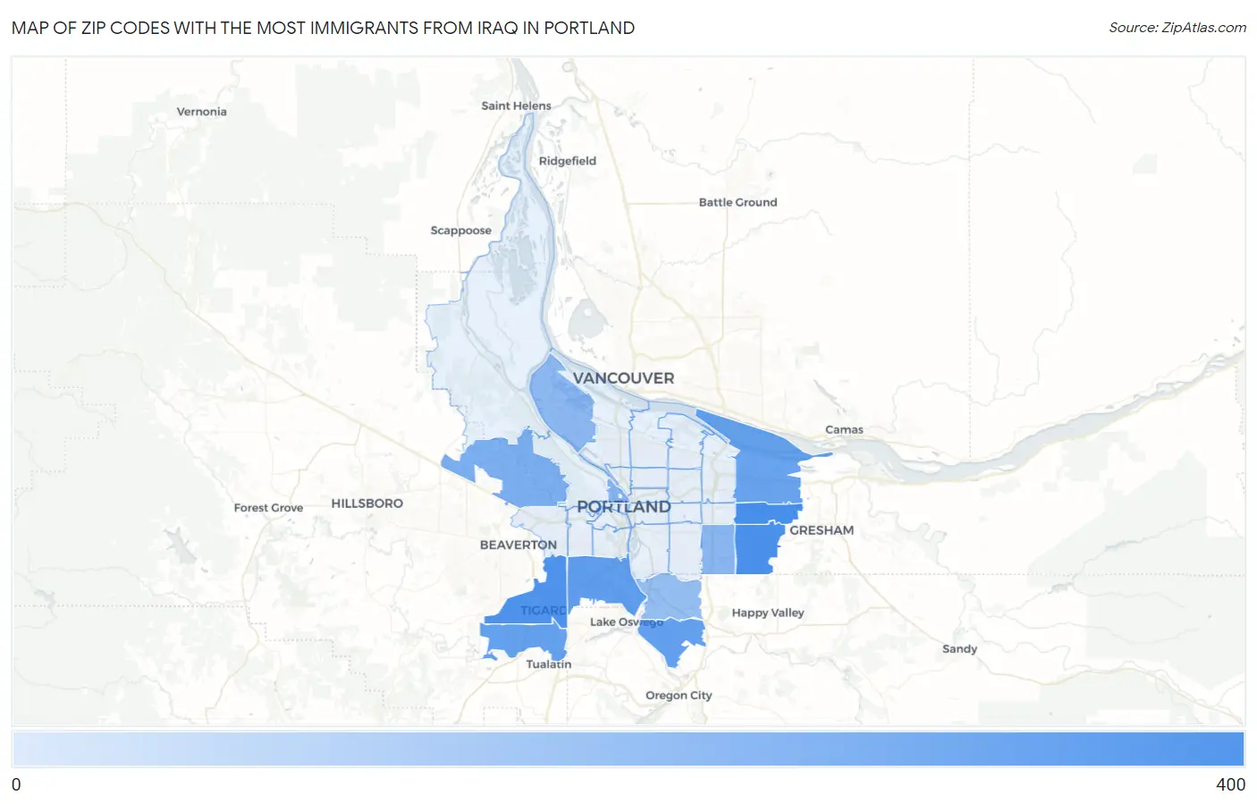 Zip Codes with the Most Immigrants from Iraq in Portland Map