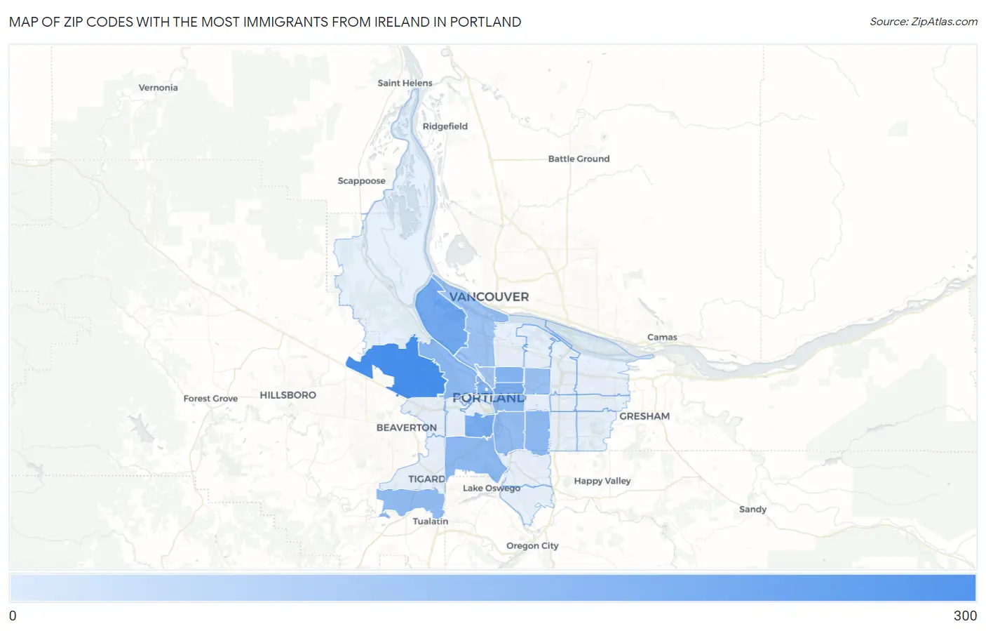 Zip Codes with the Most Immigrants from Ireland in Portland Map