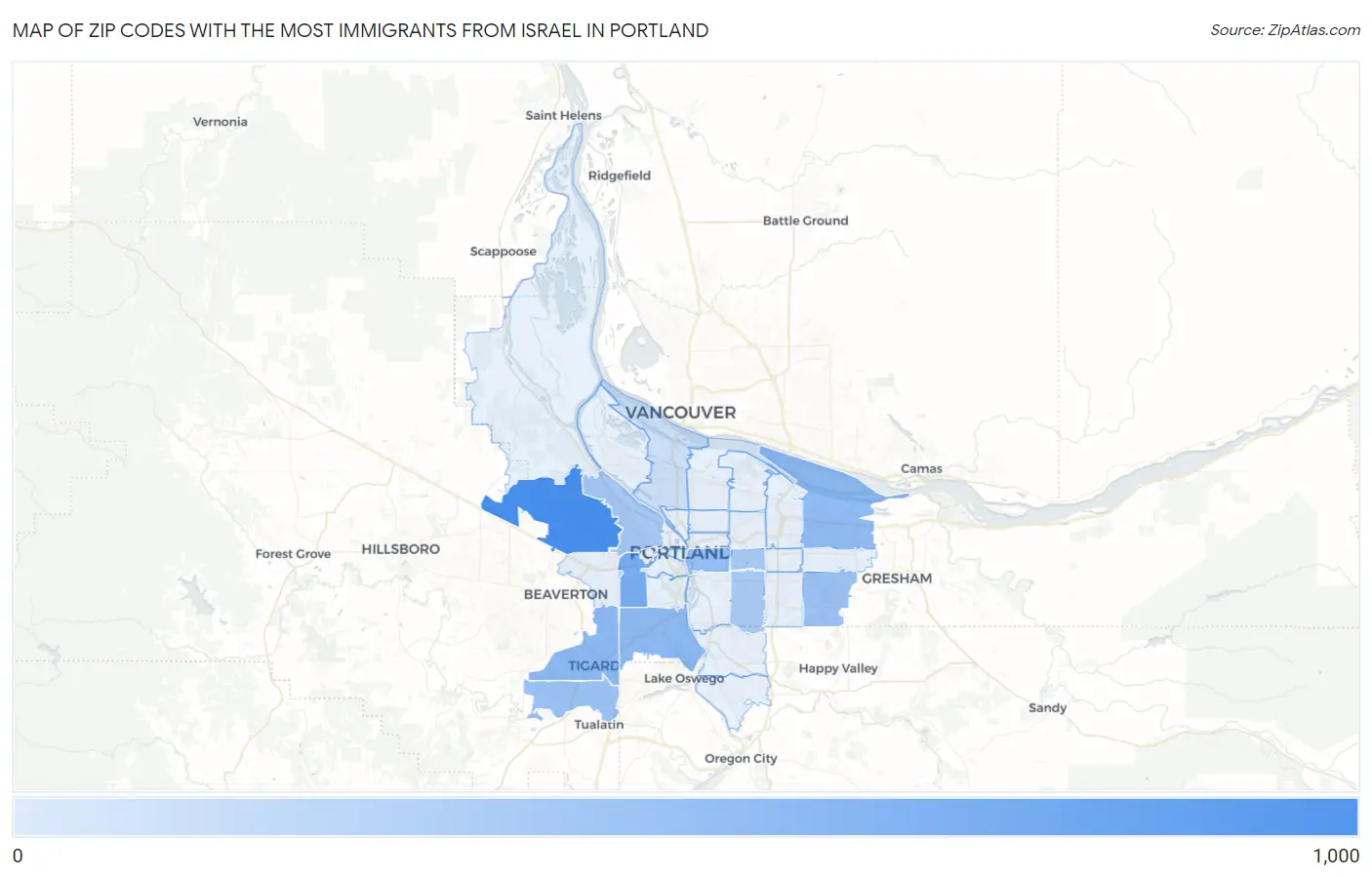 Zip Codes with the Most Immigrants from Israel in Portland Map