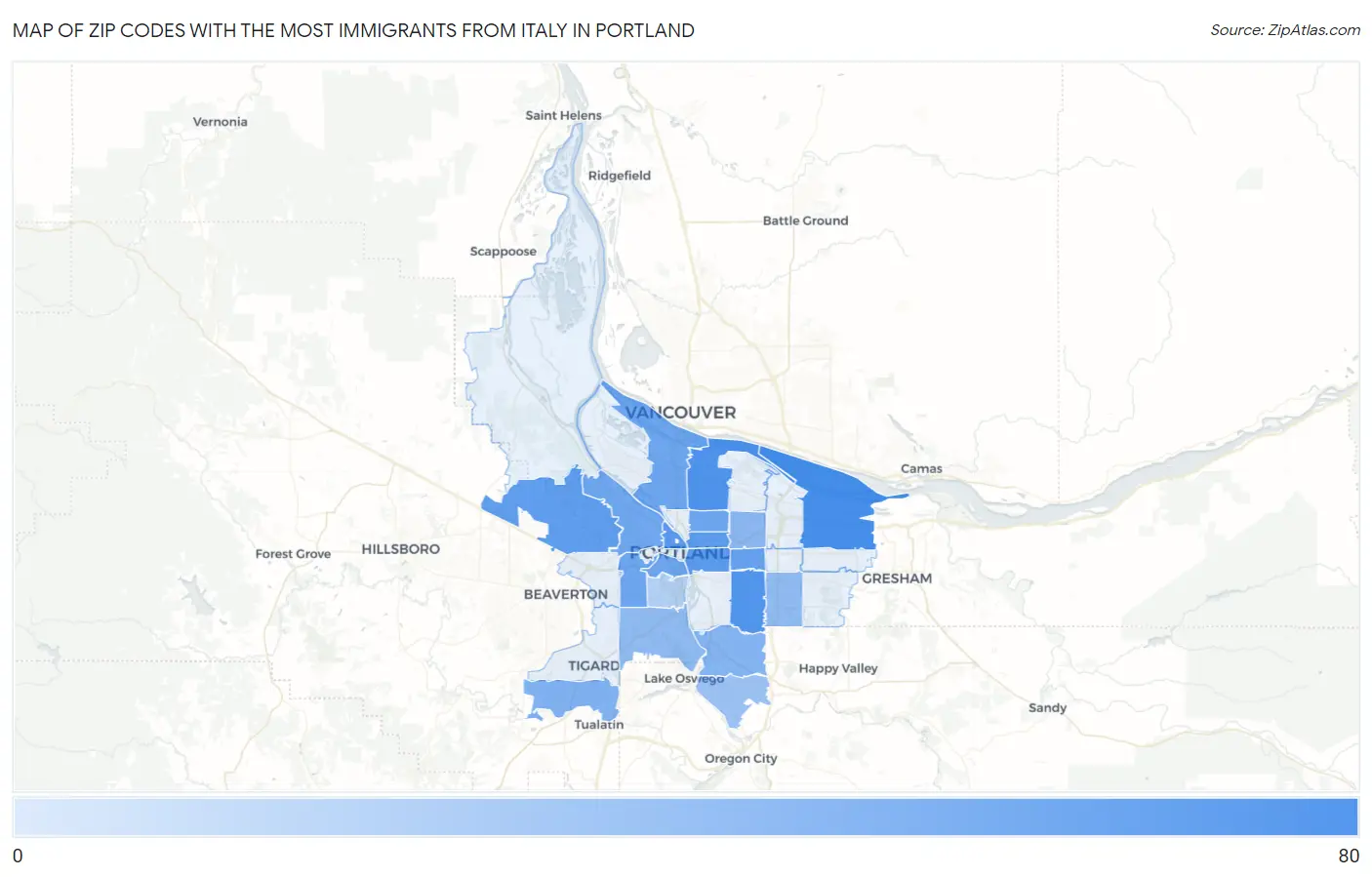 Zip Codes with the Most Immigrants from Italy in Portland Map