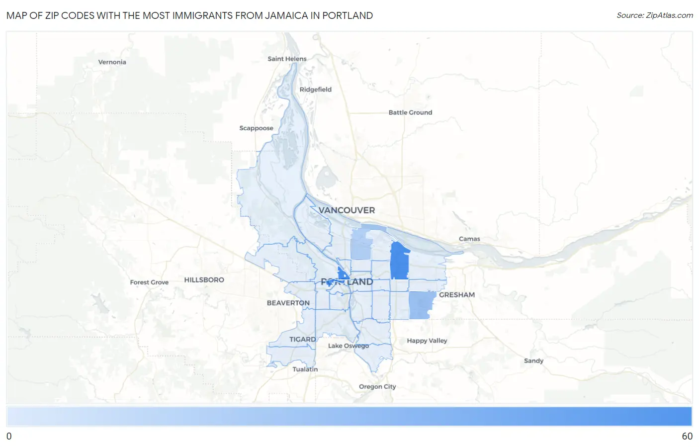 Zip Codes with the Most Immigrants from Jamaica in Portland Map