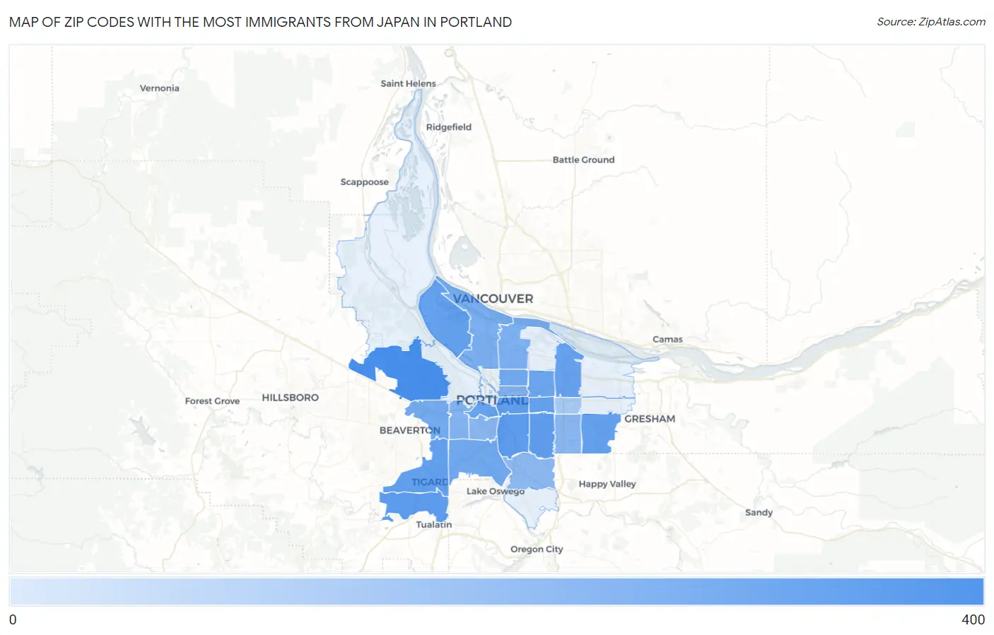 Zip Codes with the Most Immigrants from Japan in Portland Map