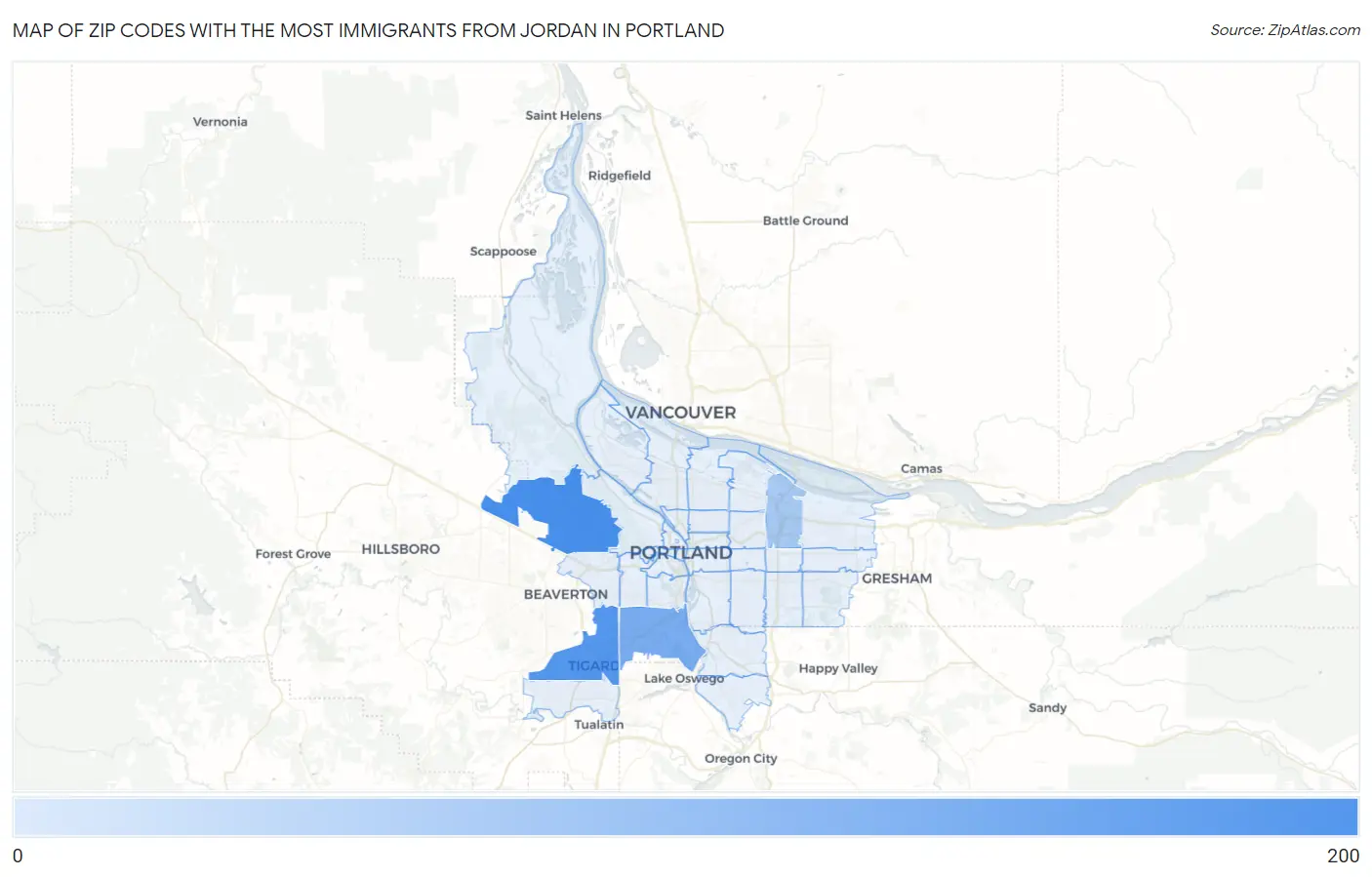 Zip Codes with the Most Immigrants from Jordan in Portland Map
