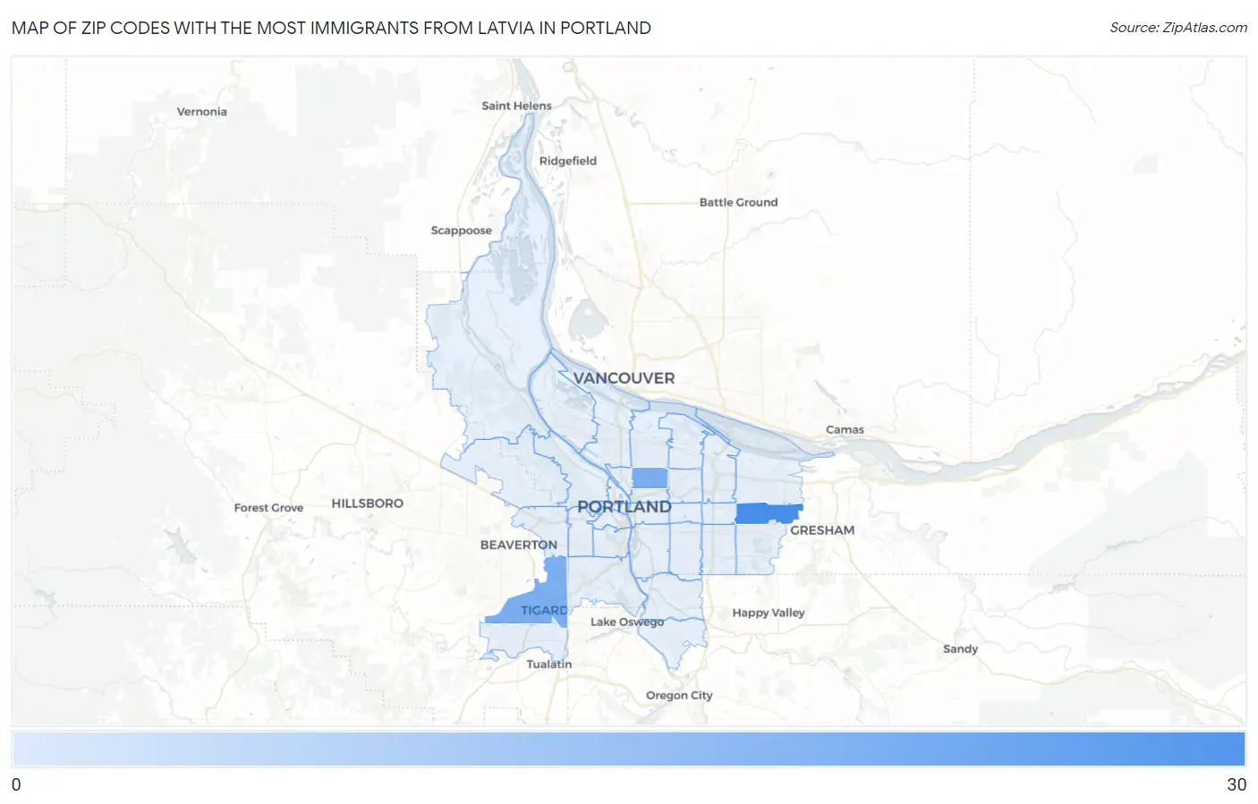 Zip Codes with the Most Immigrants from Latvia in Portland Map