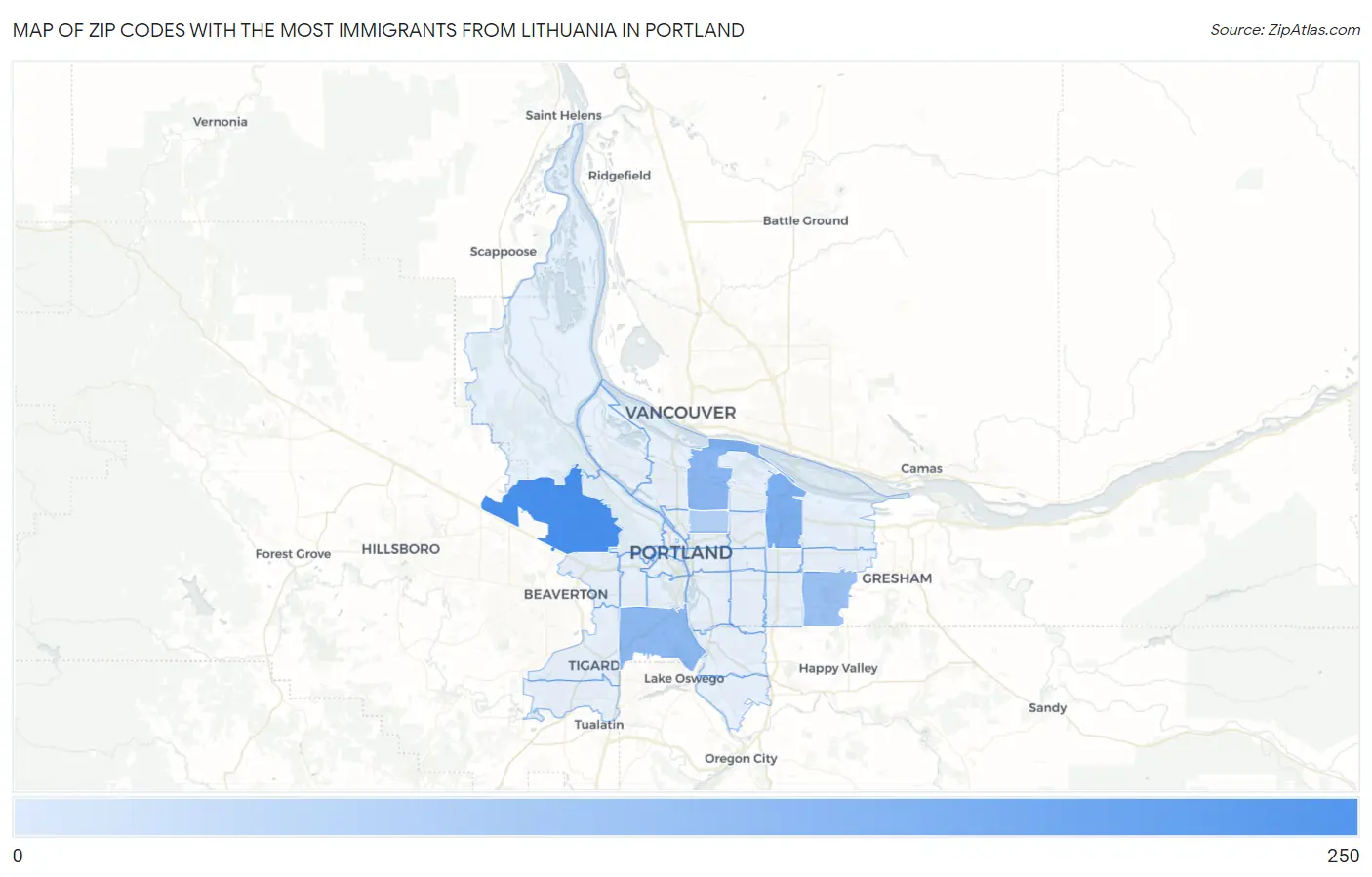 Zip Codes with the Most Immigrants from Lithuania in Portland Map