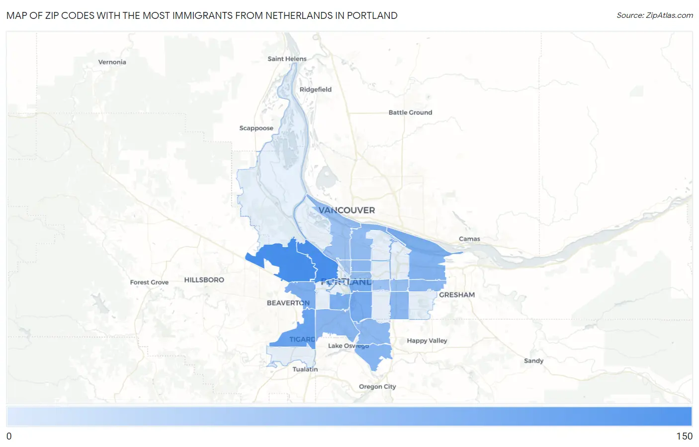 Zip Codes with the Most Immigrants from Netherlands in Portland Map