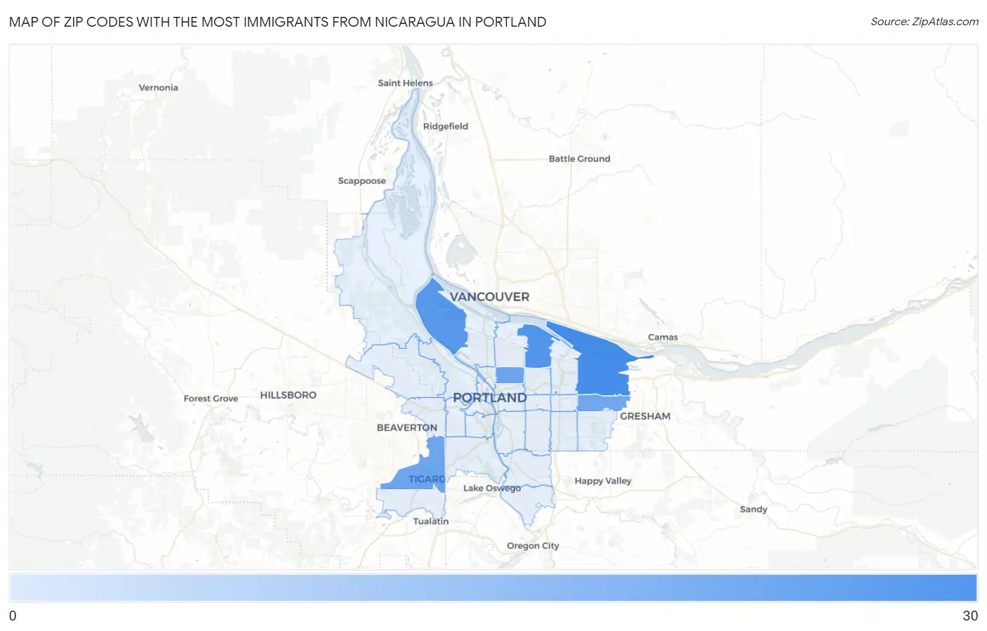 Zip Codes with the Most Immigrants from Nicaragua in Portland Map