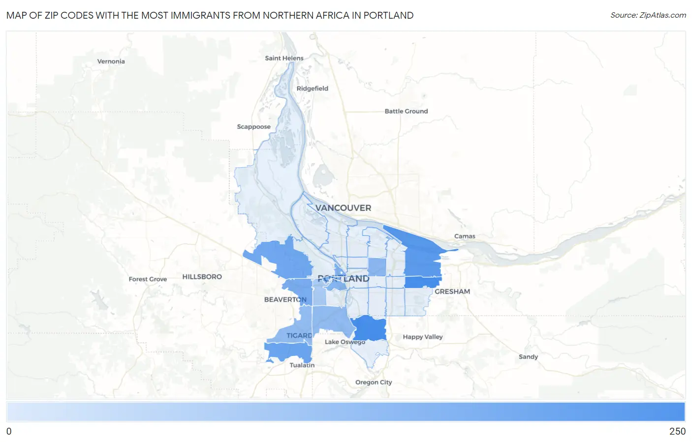 Zip Codes with the Most Immigrants from Northern Africa in Portland Map