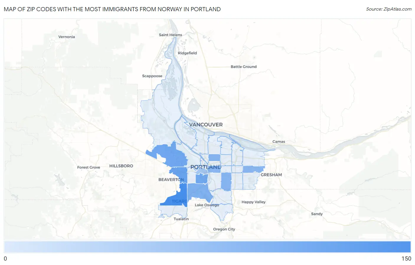 Zip Codes with the Most Immigrants from Norway in Portland Map