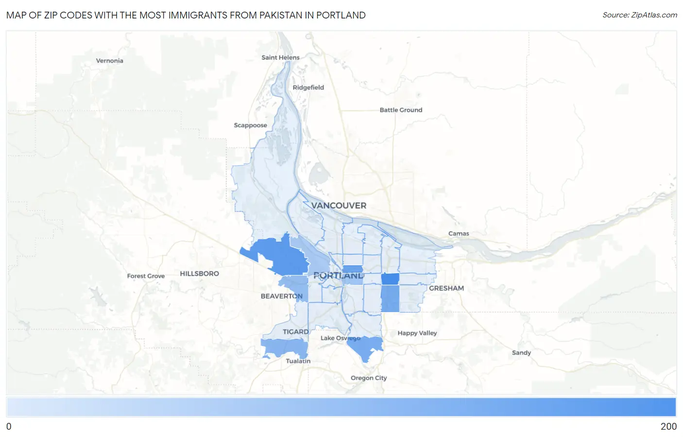 Zip Codes with the Most Immigrants from Pakistan in Portland Map