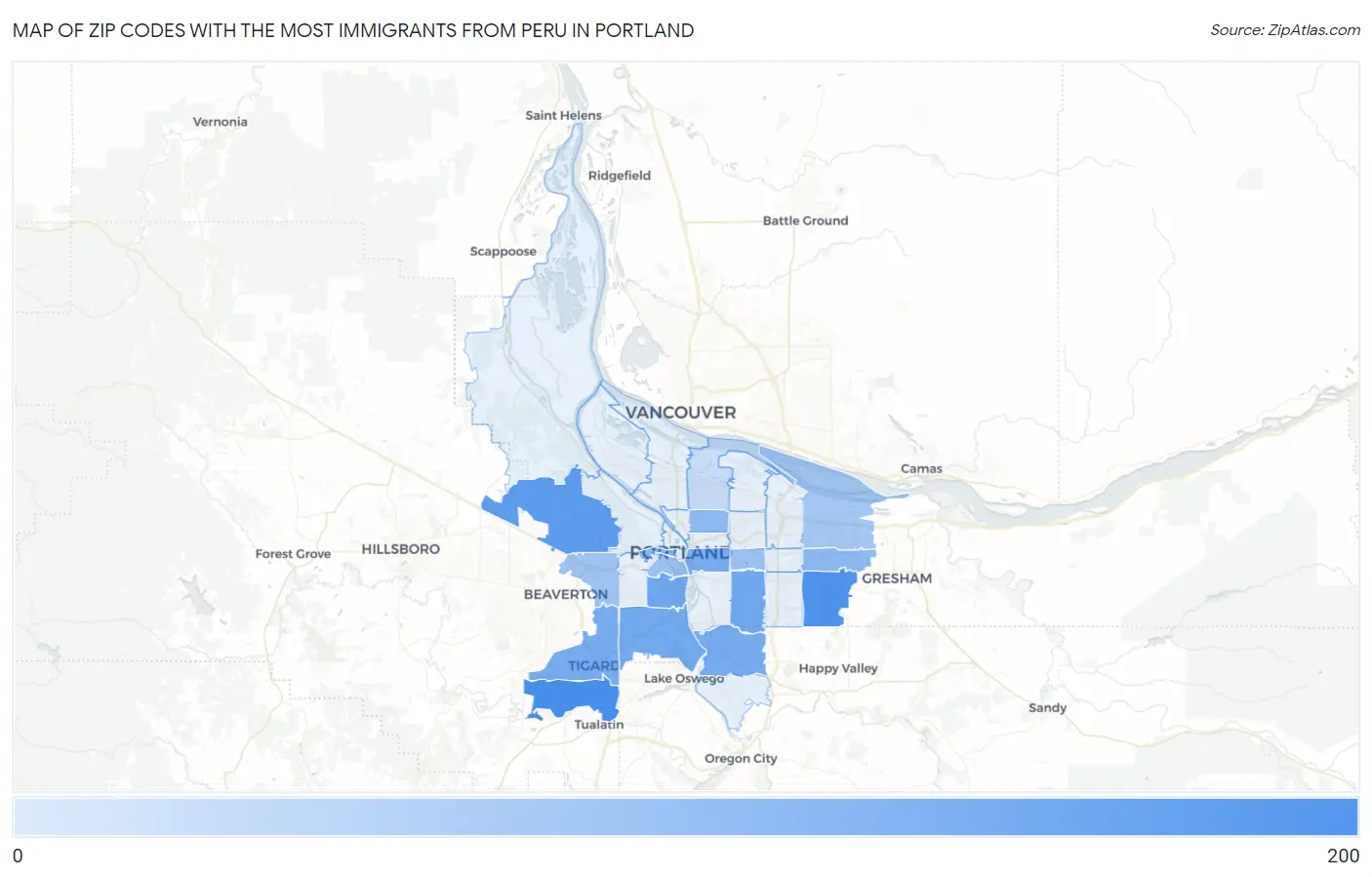Zip Codes with the Most Immigrants from Peru in Portland Map