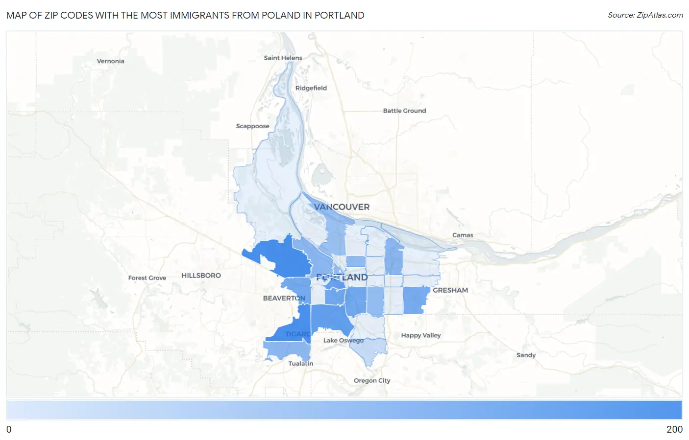 Zip Codes with the Most Immigrants from Poland in Portland Map
