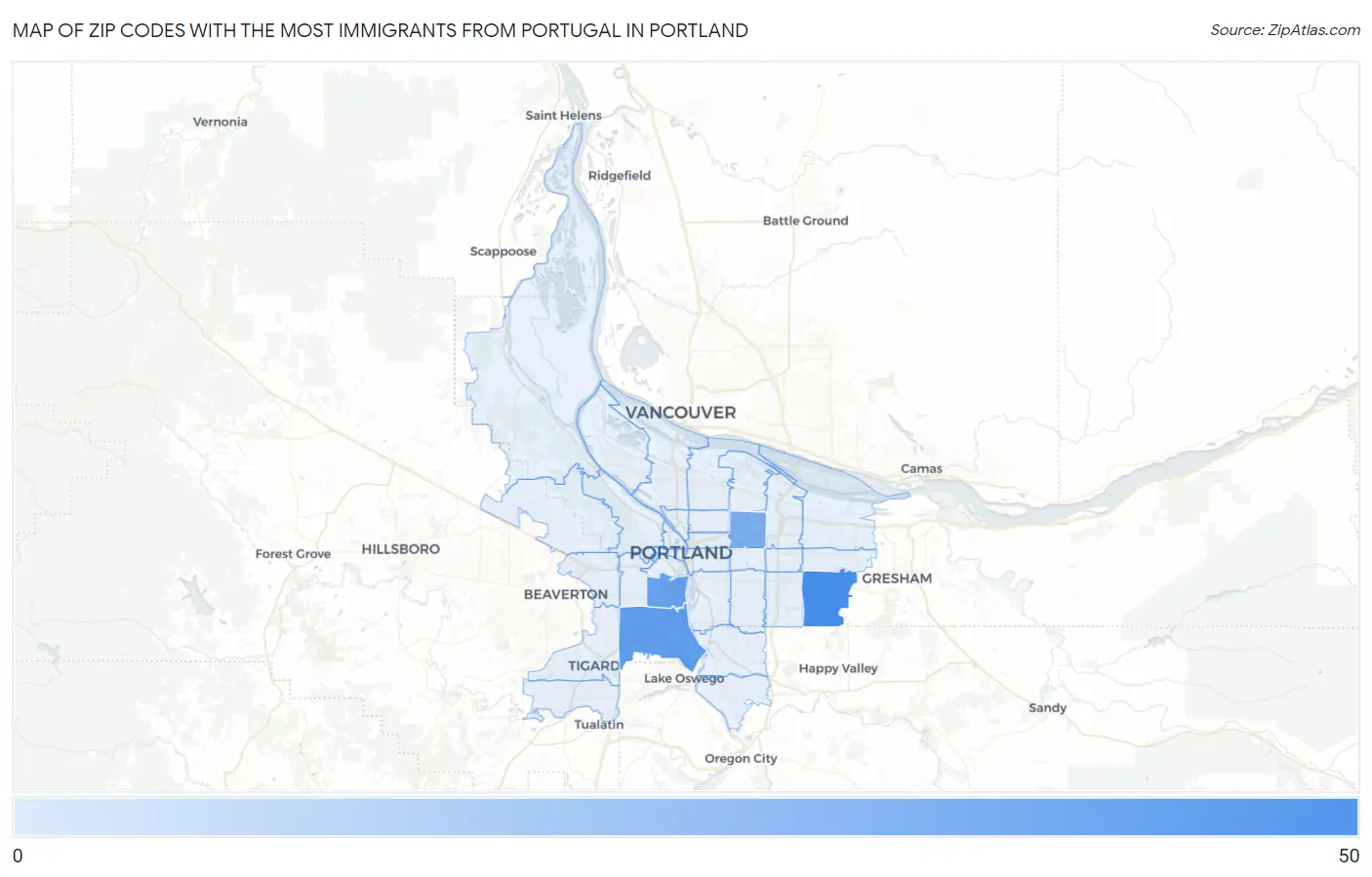 Zip Codes with the Most Immigrants from Portugal in Portland Map