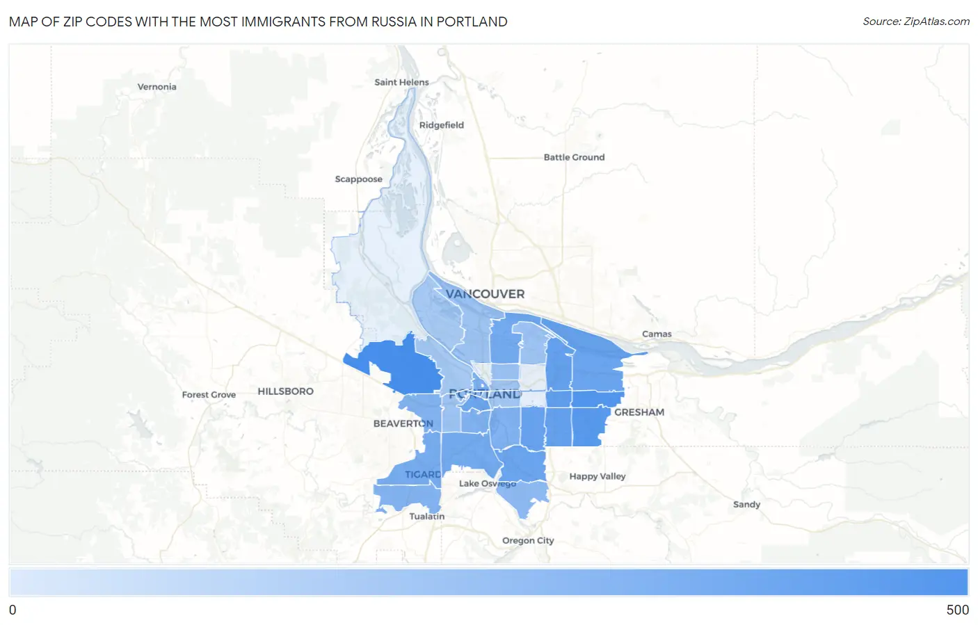Zip Codes with the Most Immigrants from Russia in Portland Map