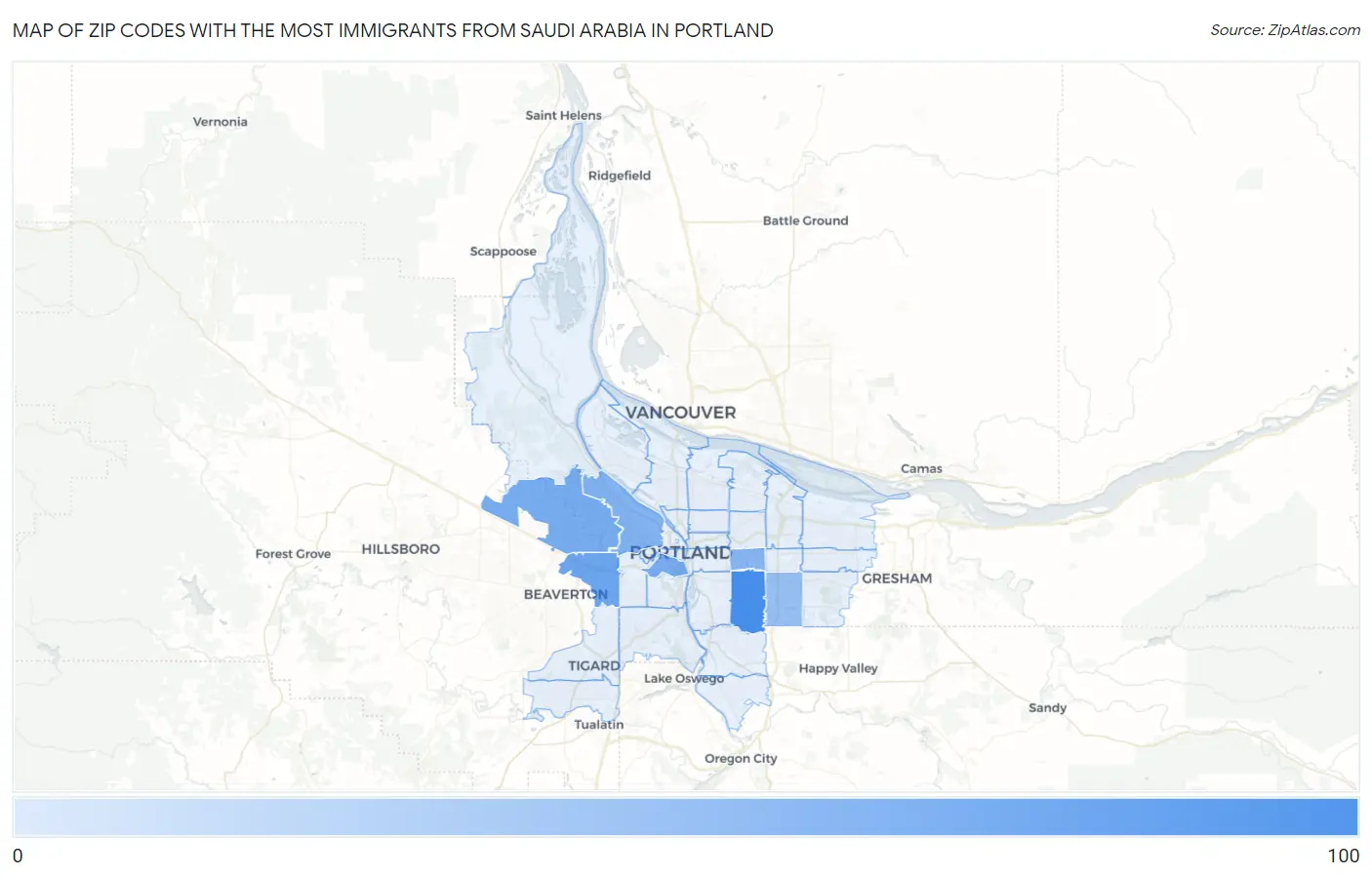 Zip Codes with the Most Immigrants from Saudi Arabia in Portland Map