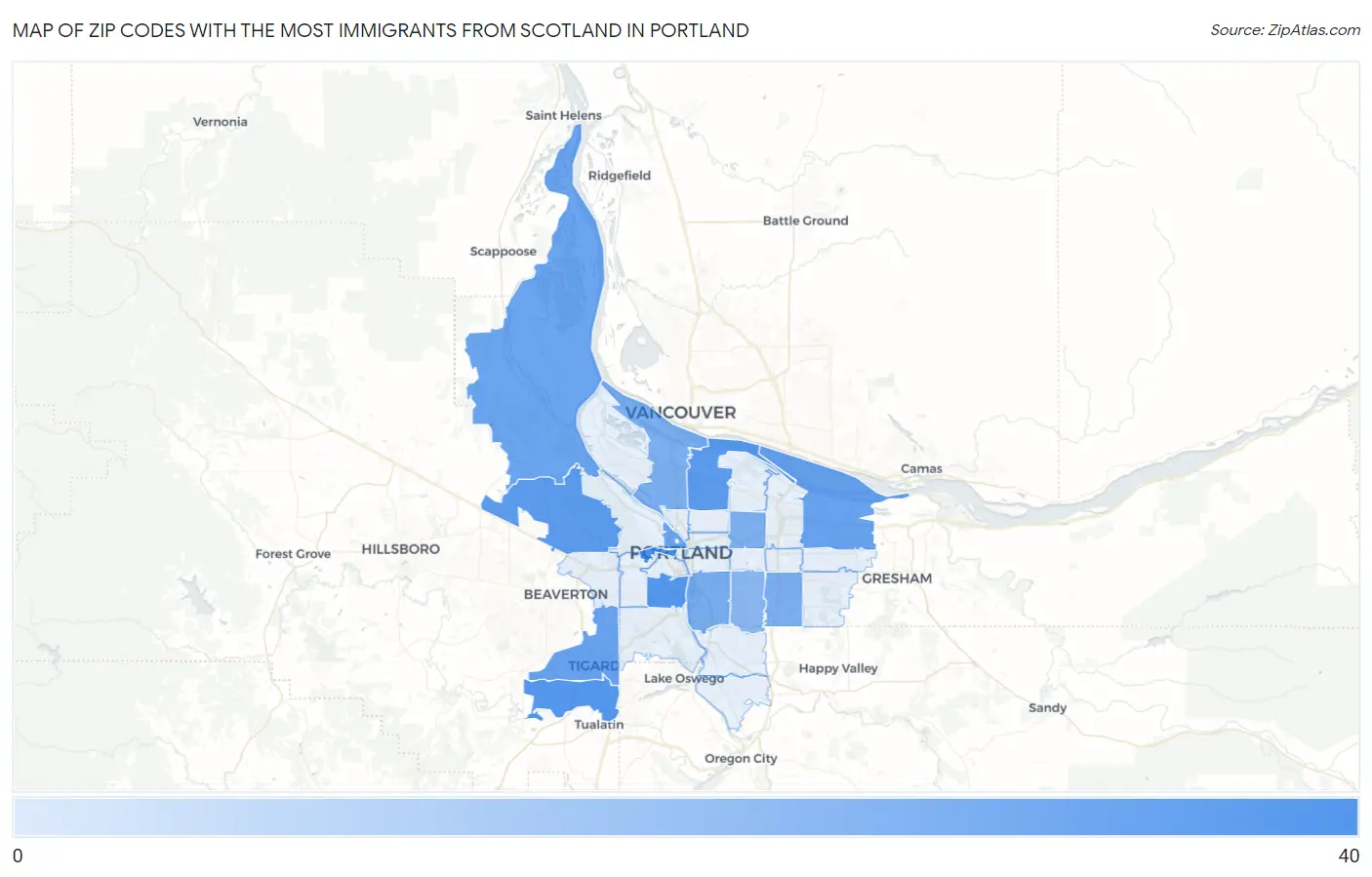 Zip Codes with the Most Immigrants from Scotland in Portland Map