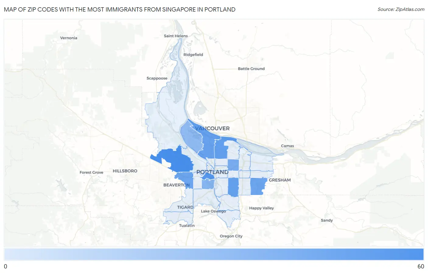 Zip Codes with the Most Immigrants from Singapore in Portland Map