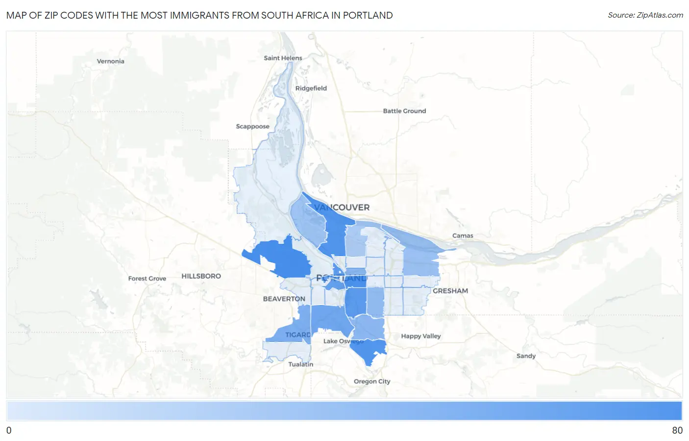 Zip Codes with the Most Immigrants from South Africa in Portland Map