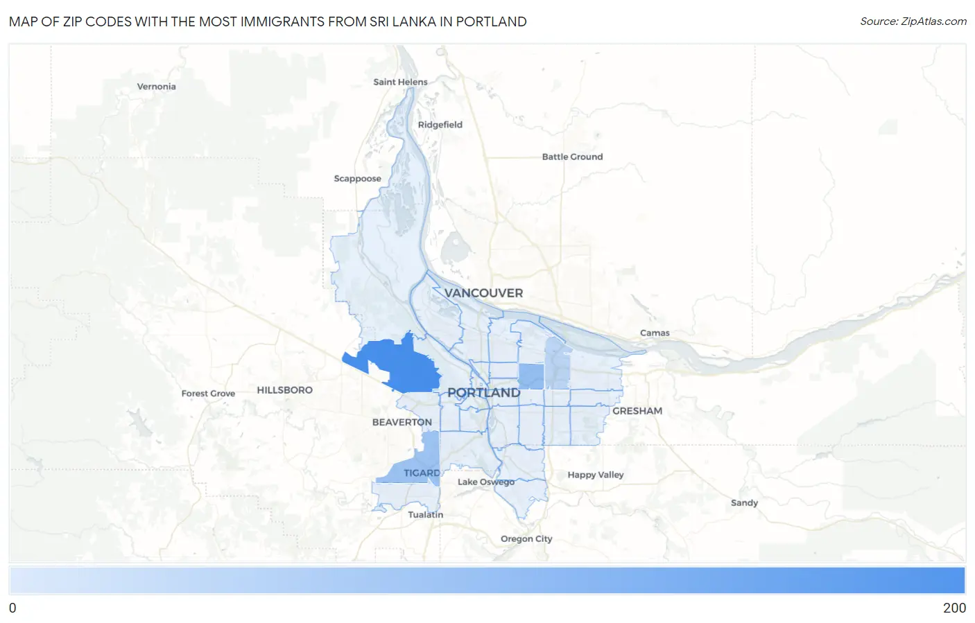 Zip Codes with the Most Immigrants from Sri Lanka in Portland Map