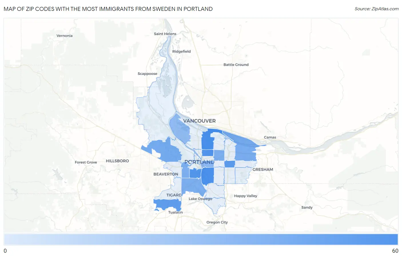 Zip Codes with the Most Immigrants from Sweden in Portland Map