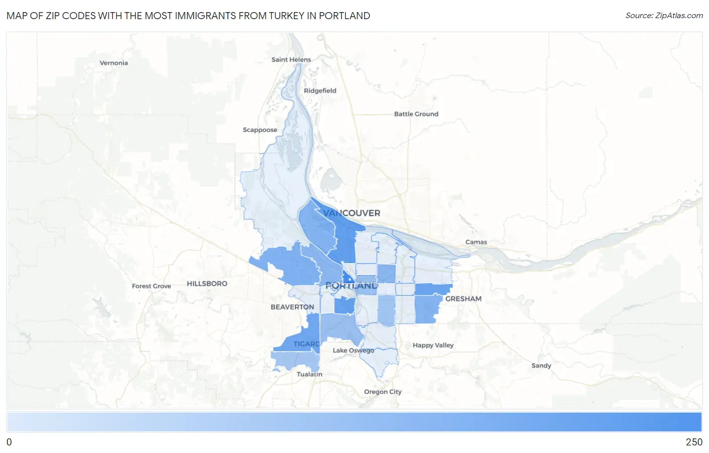 Zip Codes with the Most Immigrants from Turkey in Portland Map