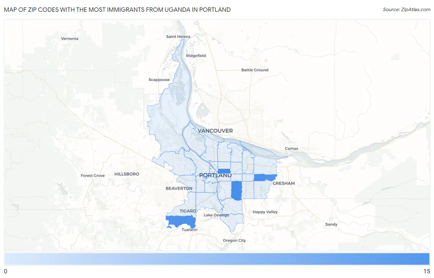 Zip Codes with the Most Immigrants from Uganda in Portland Map