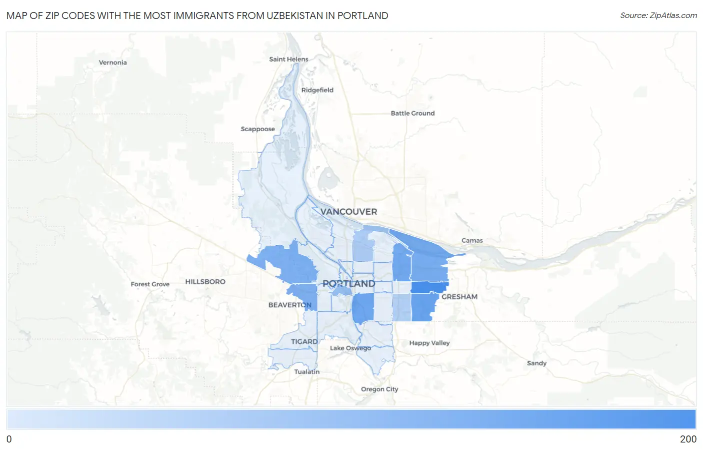 Zip Codes with the Most Immigrants from Uzbekistan in Portland Map