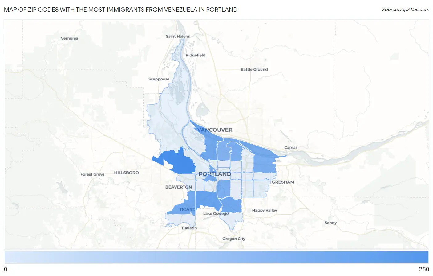 Zip Codes with the Most Immigrants from Venezuela in Portland Map