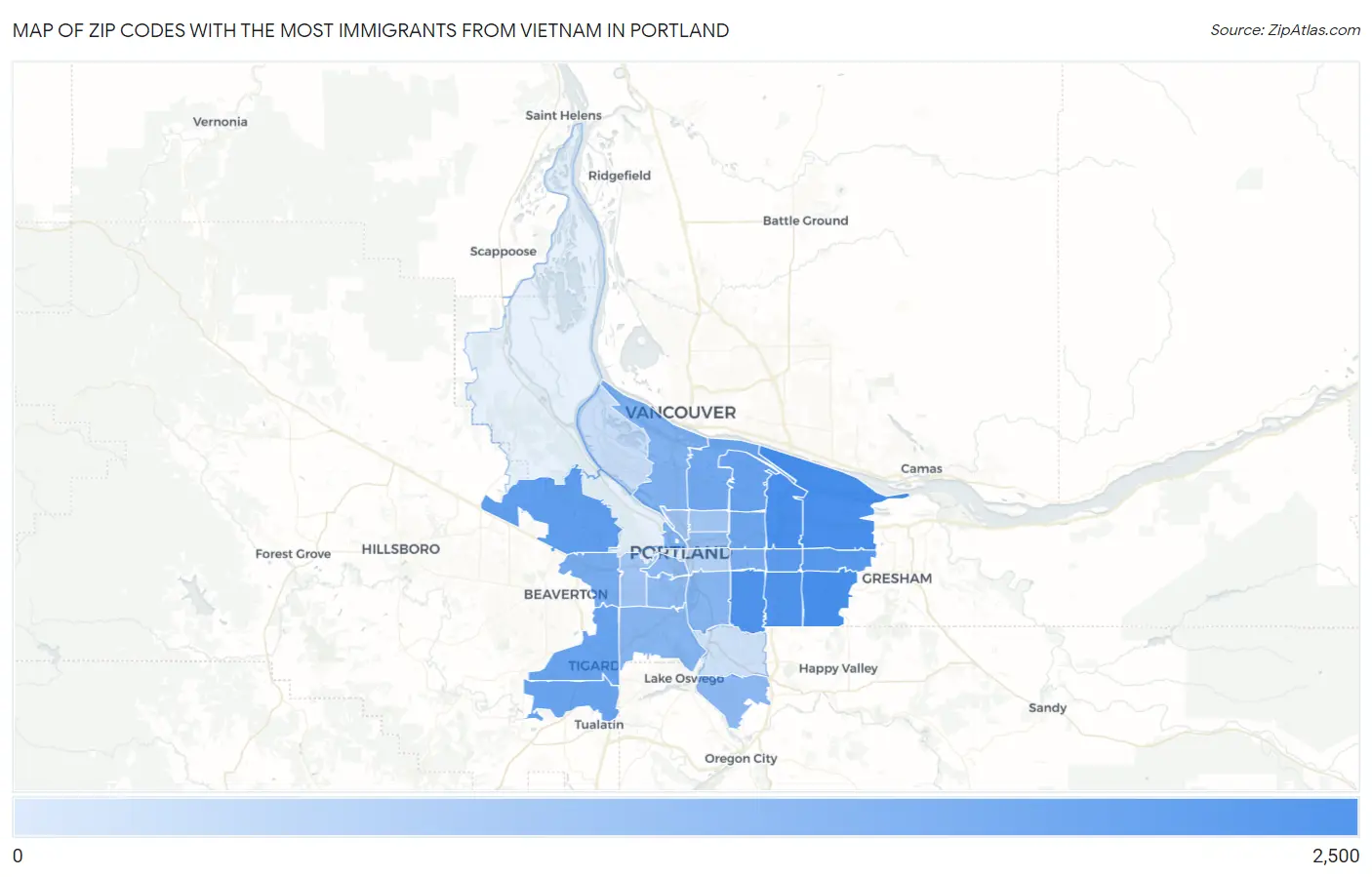 Zip Codes with the Most Immigrants from Vietnam in Portland Map