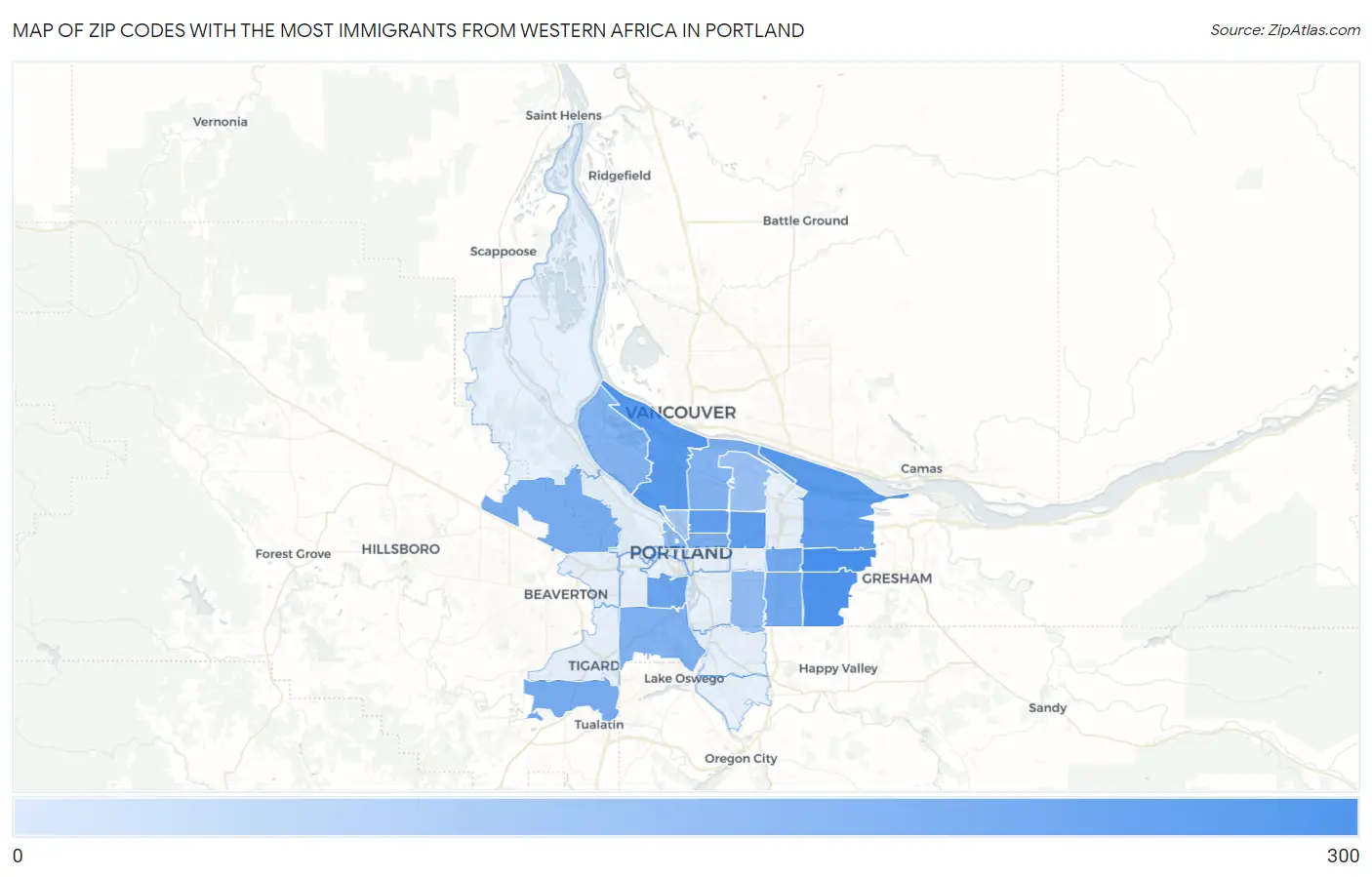 Zip Codes with the Most Immigrants from Western Africa in Portland Map