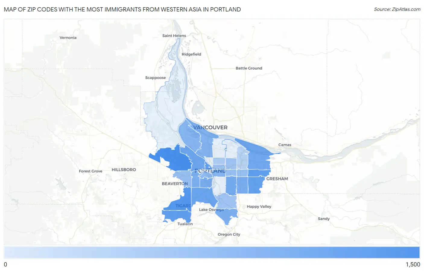 Zip Codes with the Most Immigrants from Western Asia in Portland Map
