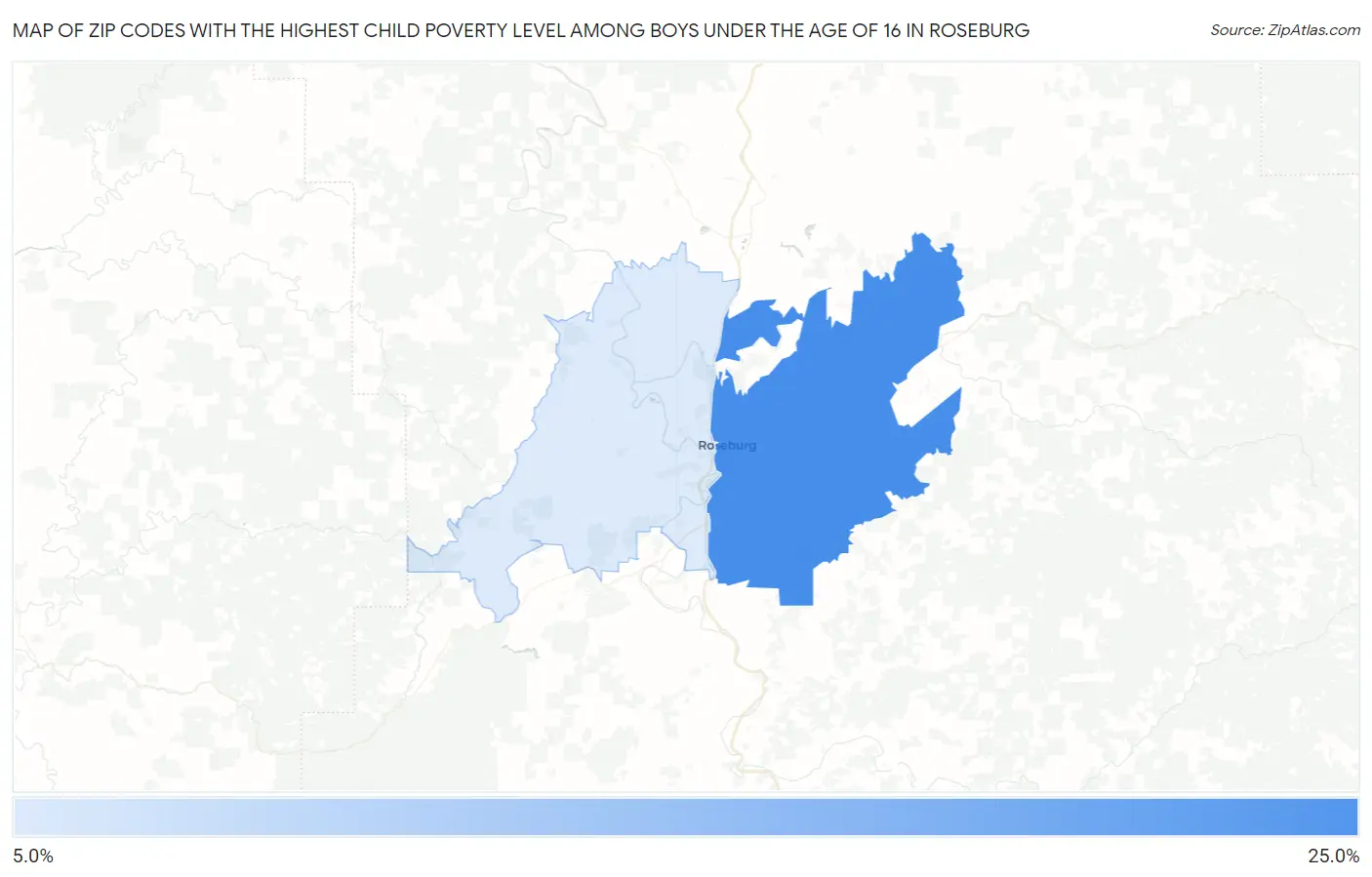 Zip Codes with the Highest Child Poverty Level Among Boys Under the Age of 16 in Roseburg Map