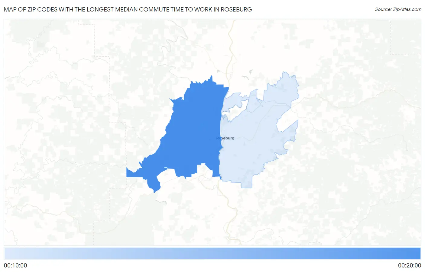 Zip Codes with the Longest Median Commute Time to Work in Roseburg Map
