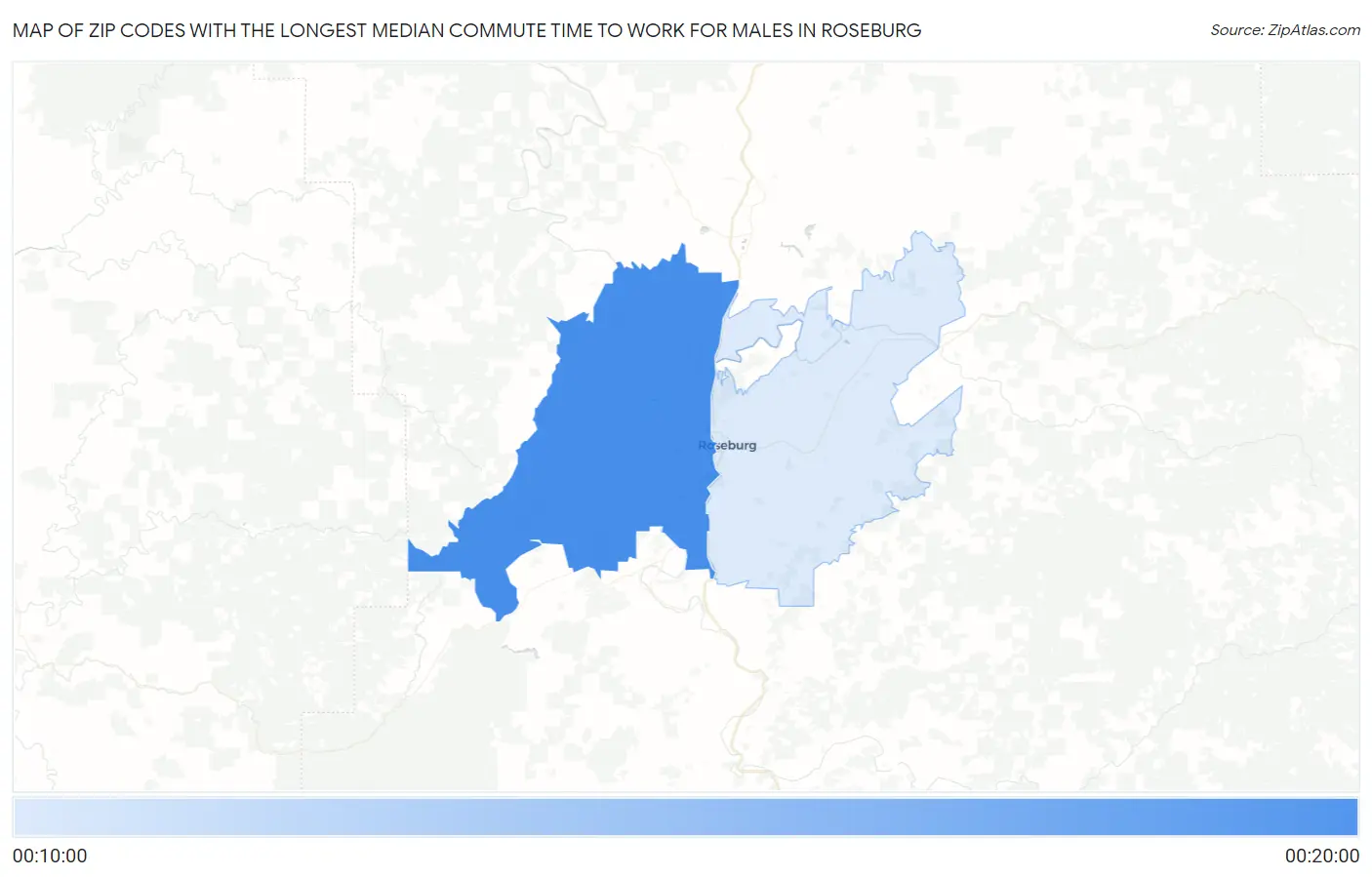 Zip Codes with the Longest Median Commute Time to Work for Males in Roseburg Map