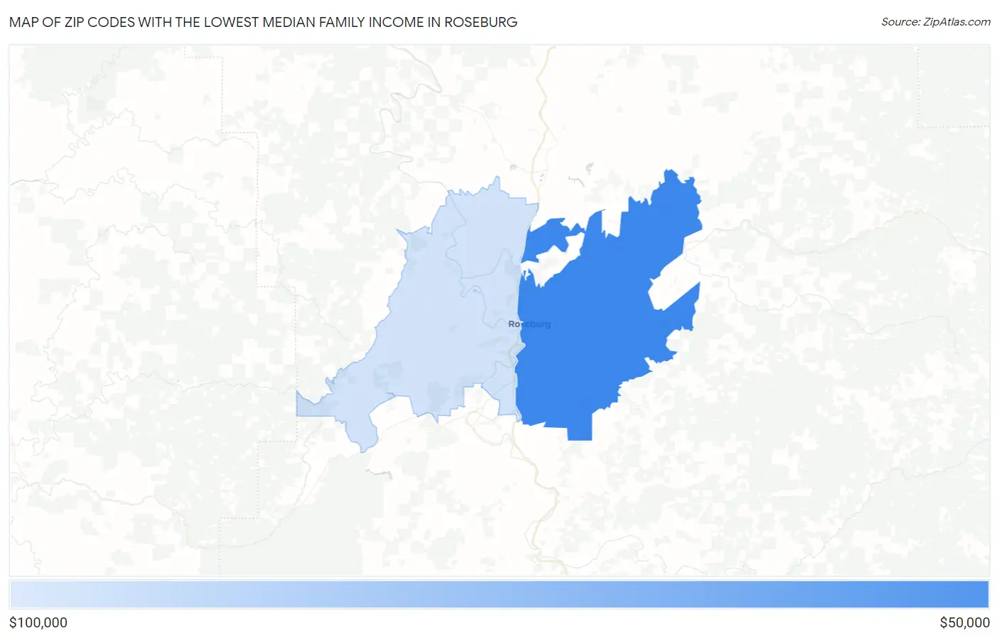 Zip Codes with the Lowest Median Family Income in Roseburg Map