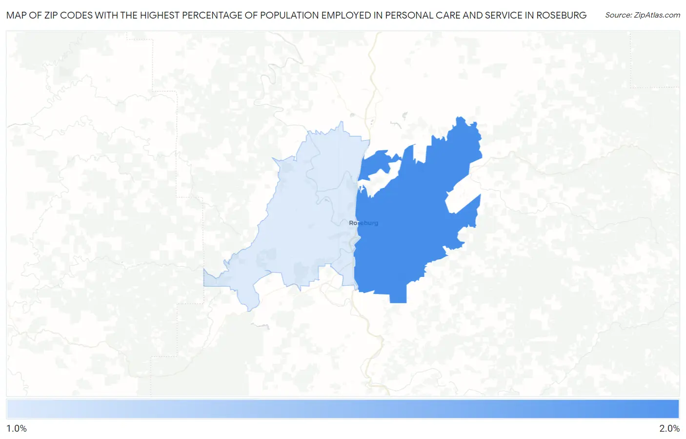 Zip Codes with the Highest Percentage of Population Employed in Personal Care and Service in Roseburg Map