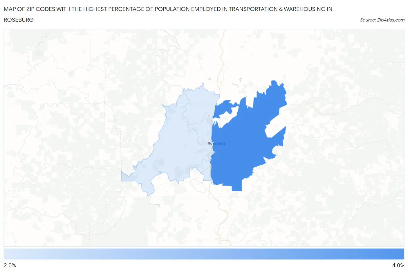 Zip Codes with the Highest Percentage of Population Employed in Transportation & Warehousing in Roseburg Map