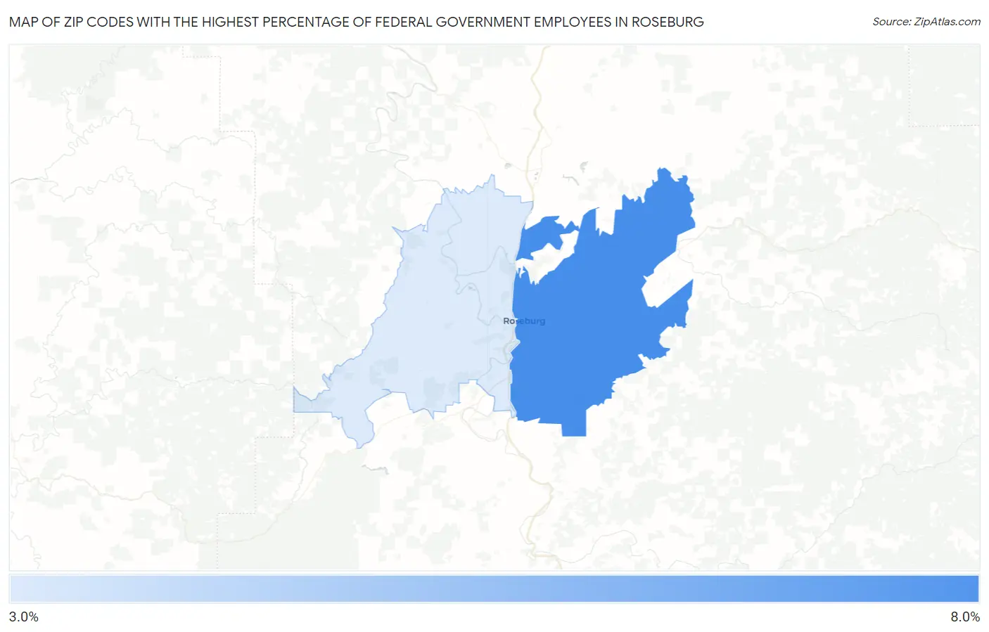 Zip Codes with the Highest Percentage of Federal Government Employees in Roseburg Map