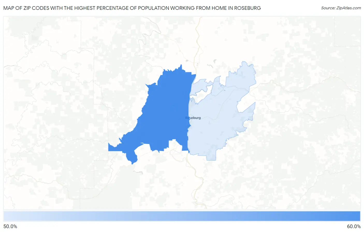 Zip Codes with the Highest Percentage of Population Working from Home in Roseburg Map