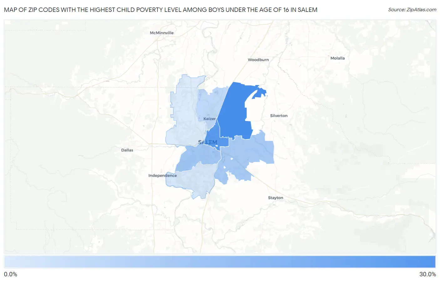 Zip Codes with the Highest Child Poverty Level Among Boys Under the Age of 16 in Salem Map