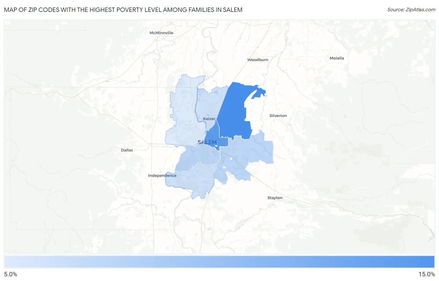 Zip Codes with the Highest Poverty Level Among Families in Salem Map