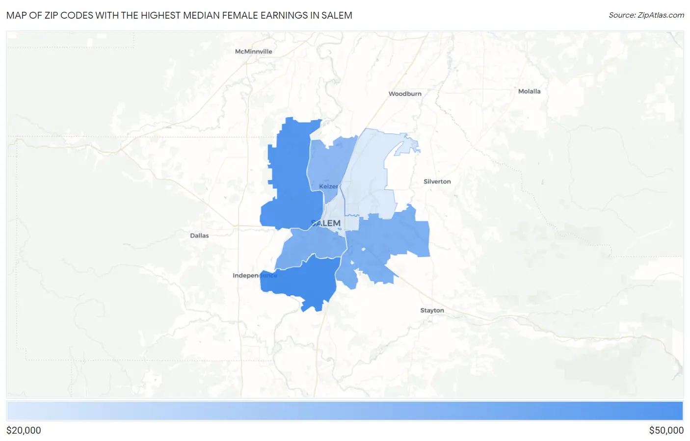 Zip Codes with the Highest Median Female Earnings in Salem Map